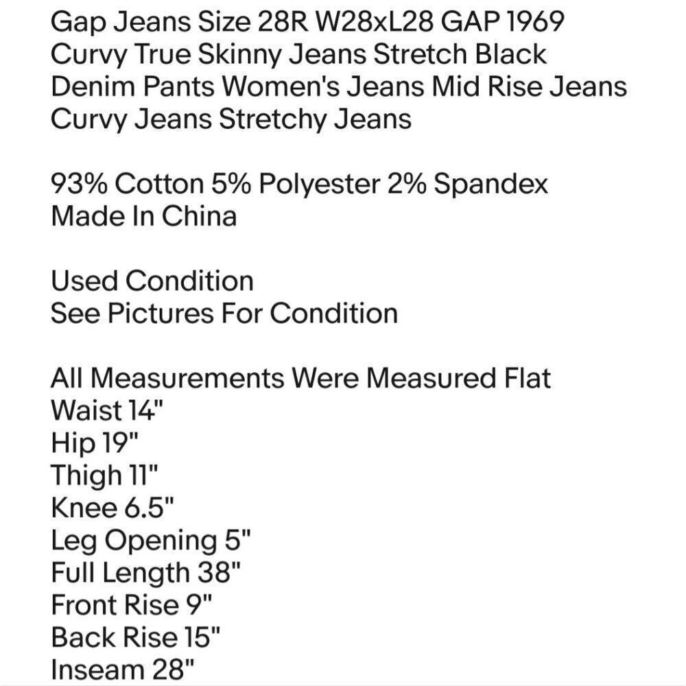 Gap Jeans Size 28R W28xL28 GAP 1969 Curvy True Skinny Jeans Stretch Black Denim - Picture 2 of 6